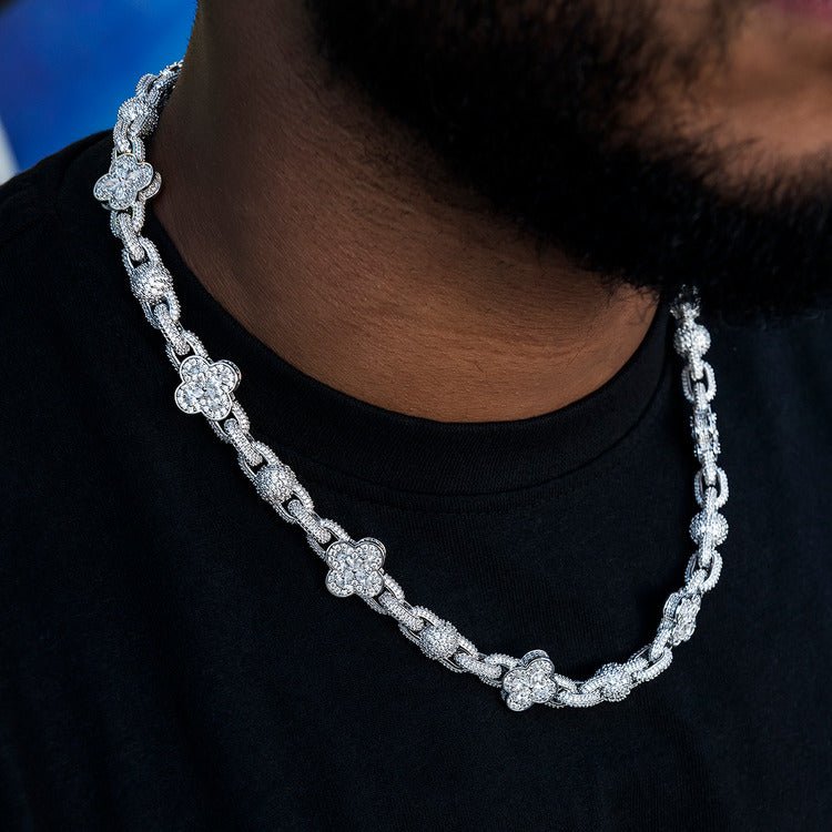 Diamond Ball Clover Mariner Chain in White Gold - 10mm - TONGSHOP / Length:16 / Length:18