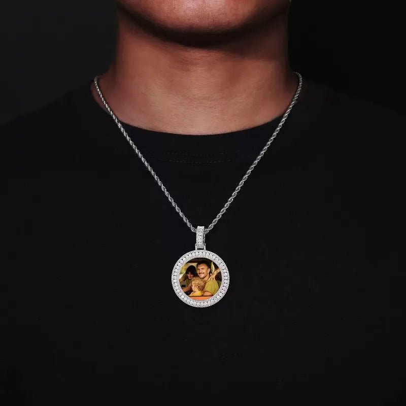 18k Gold Double Row Micro - Inlaid 3D Custom Photo Round Pendant - 40mm - TONGSHOP / Color:White Gold / Length:16 / Length:18