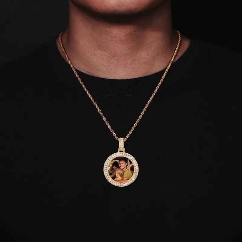 18k Gold Double Row Micro - Inlaid 3D Custom Photo Round Pendant - 40mm - TONGSHOP / Color:White Gold / Length:16 / Length:18