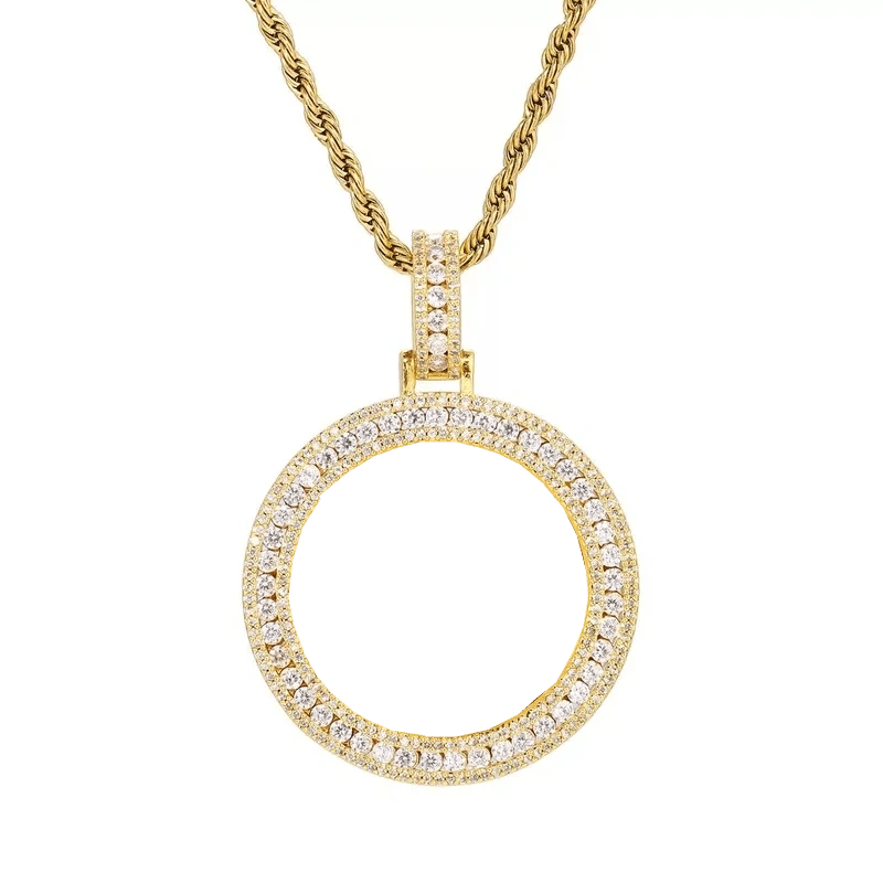 18k Gold Double Row Micro - Inlaid 3D Custom Photo Round Pendant - 40mm - TONGSHOP / Color:White Gold / Length:16 / Length:18
