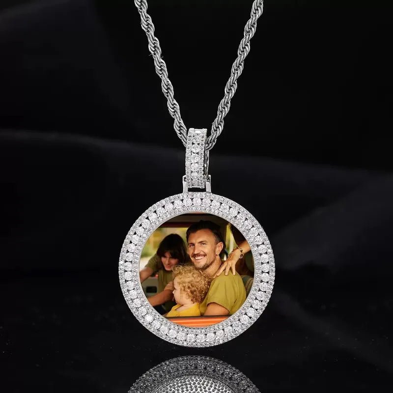 18k Gold Double Row Micro - Inlaid 3D Custom Photo Round Pendant - 40mm - TONGSHOP / Color:White Gold / Length:16 / Length:18