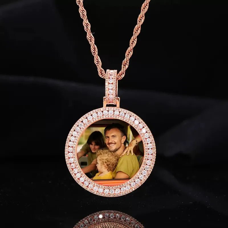 18k Gold Double Row Micro - Inlaid 3D Custom Photo Round Pendant - 40mm - TONGSHOP / Color:White Gold / Length:16 / Length:18