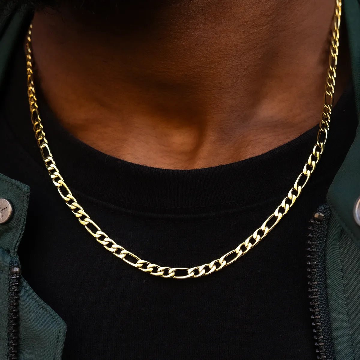 Figaro Link Chain in Yellow Gold - 4mm - TONGSHOP / 15MM 18K Gold - Plated Baguette Iced Bracelet / 4mm