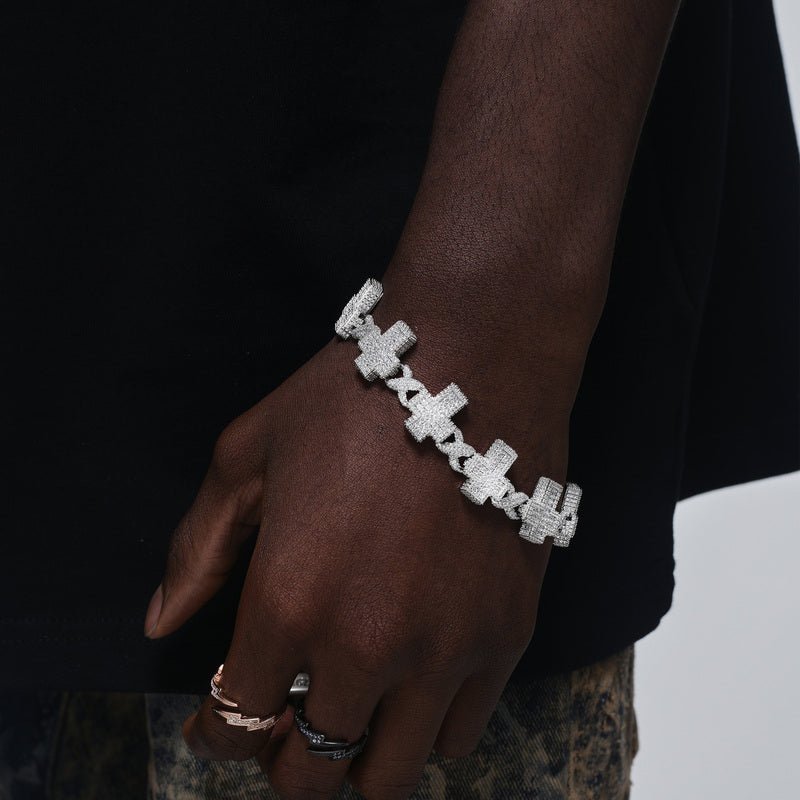 Ice Cross Cuban Bracelet - 18mm - TONGSHOP / Color:White Gold / Color:Yellow Gold