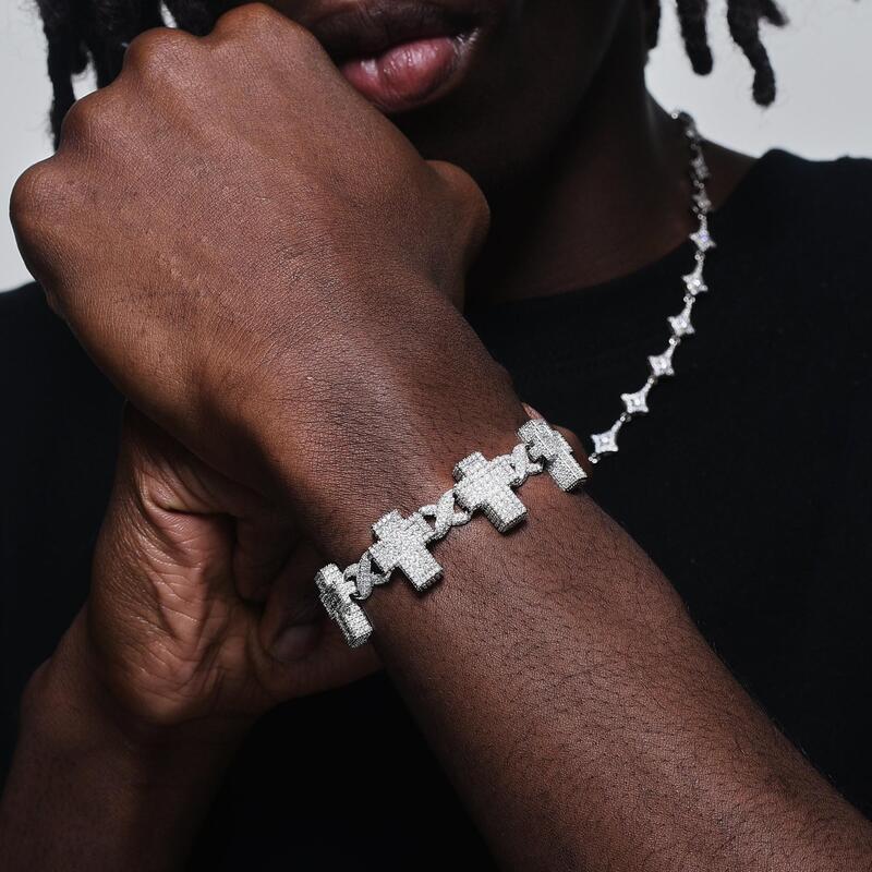 Ice Cross Cuban Bracelet - 18mm - TONGSHOP / Color:White Gold / Color:Yellow Gold