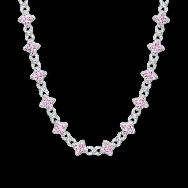 Iced Clover Chain in Pink Diamond - 13mm - TONGSHOP / Length:16 / Length:18