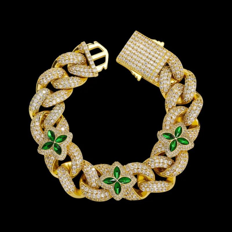 Iced Clover White Gold Green Diamond Bracelet - 20mm - TONGSHOP / Length:16 / Length:18