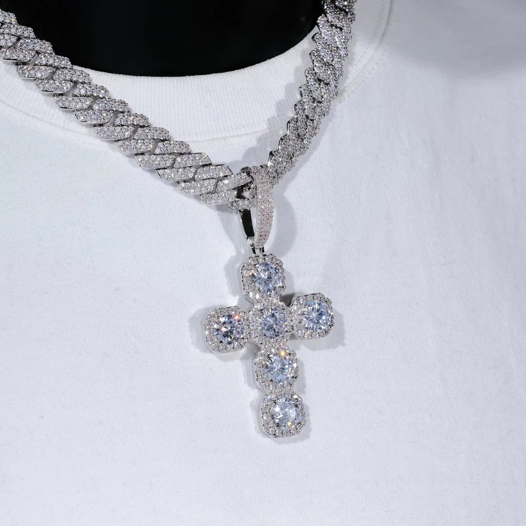 Iced Large Gemstone Cross Necklace in White Gold - TONGSHOP / Length:16 / Length:18