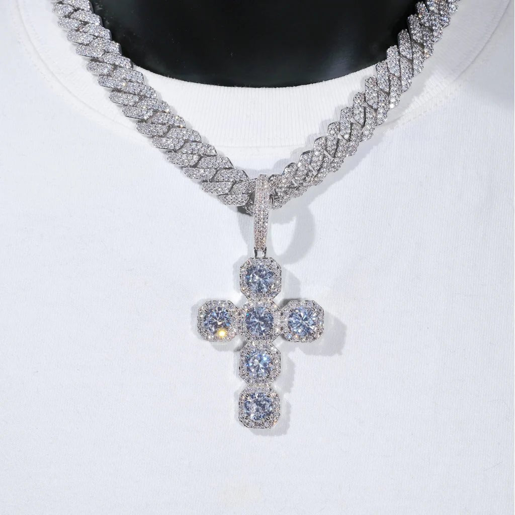 Iced Large Gemstone Cross Necklace in White Gold - TONGSHOP / Length:16 / Length:18