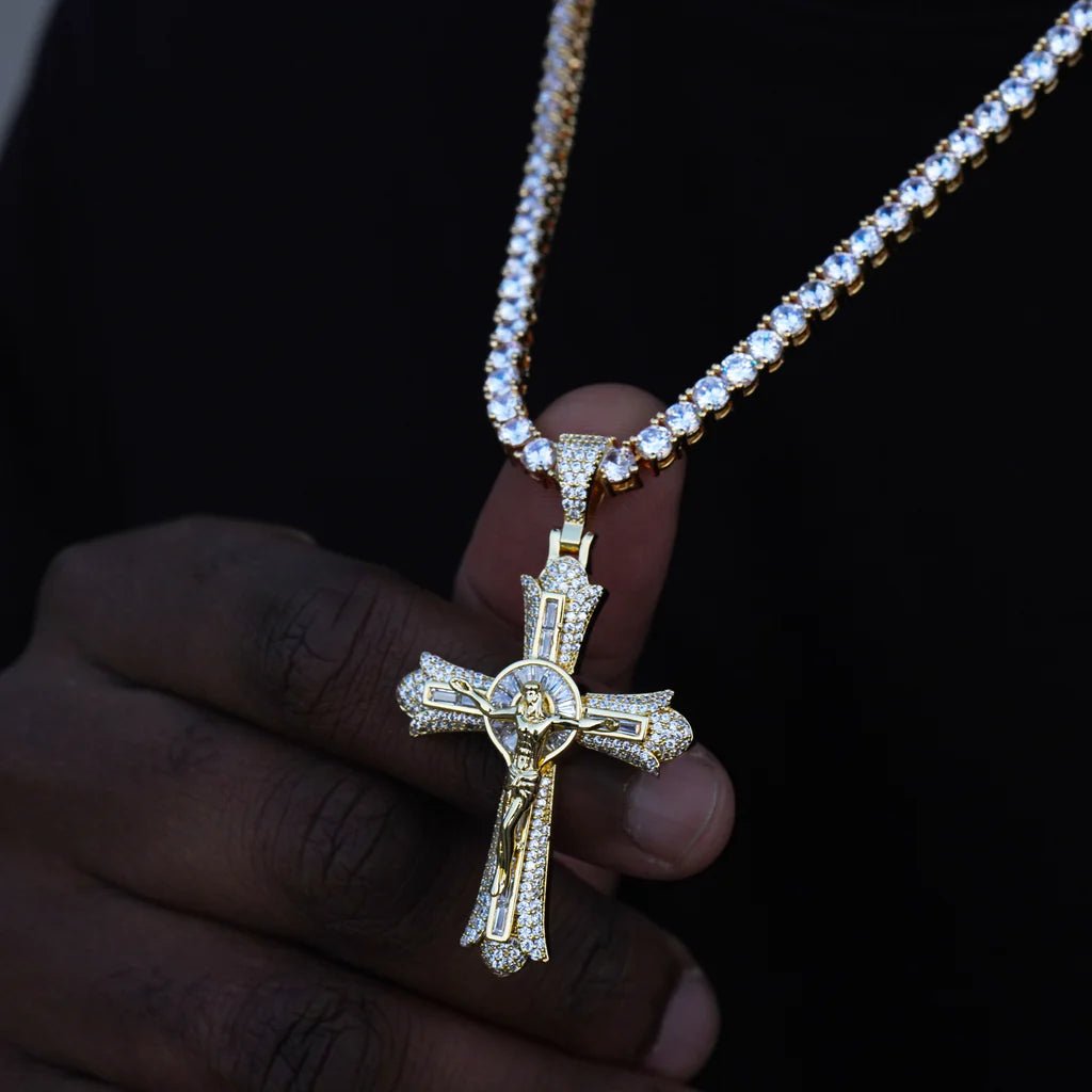 Jesus Crucifix Baguette Cross Necklace In Yellow Gold - TONGSHOP / Length:16 / Length:18