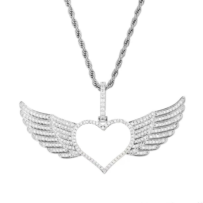 Iced Large Angel Wings Photo Custom Heart Pendant - 80mm