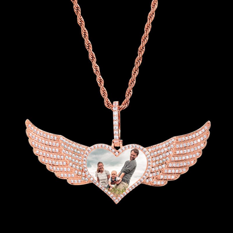 Iced Large Angel Wings Photo Custom Heart Pendant - 80mm - TONGSHOP / Color:White Gold / Length:16 / Length:18