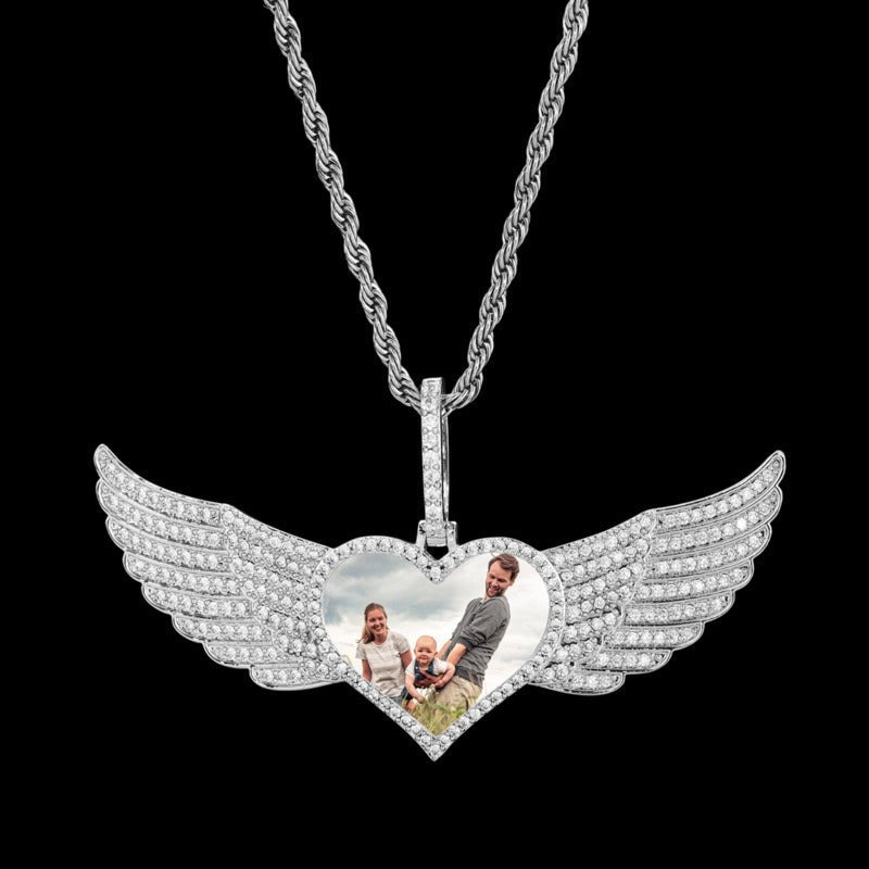 Iced Large Angel Wings Photo Custom Heart Pendant - 80mm - TONGSHOP / Color:White Gold / Length:16 / Length:18