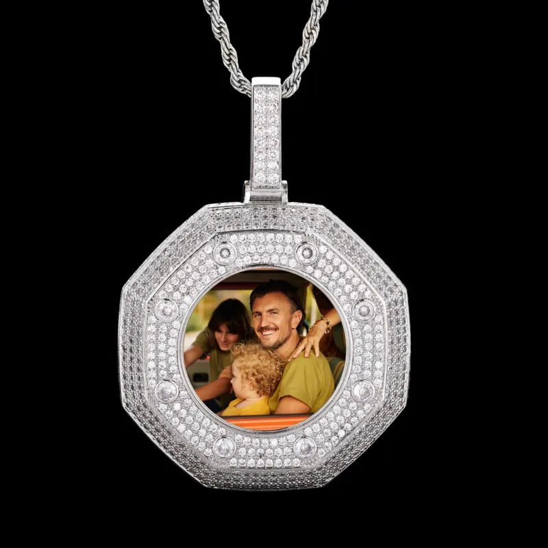 Large 14k White Gold Custom Photo Bagua Pendant - 55mm - TONGSHOP / Color:White Gold / Length:16 / Length:18
