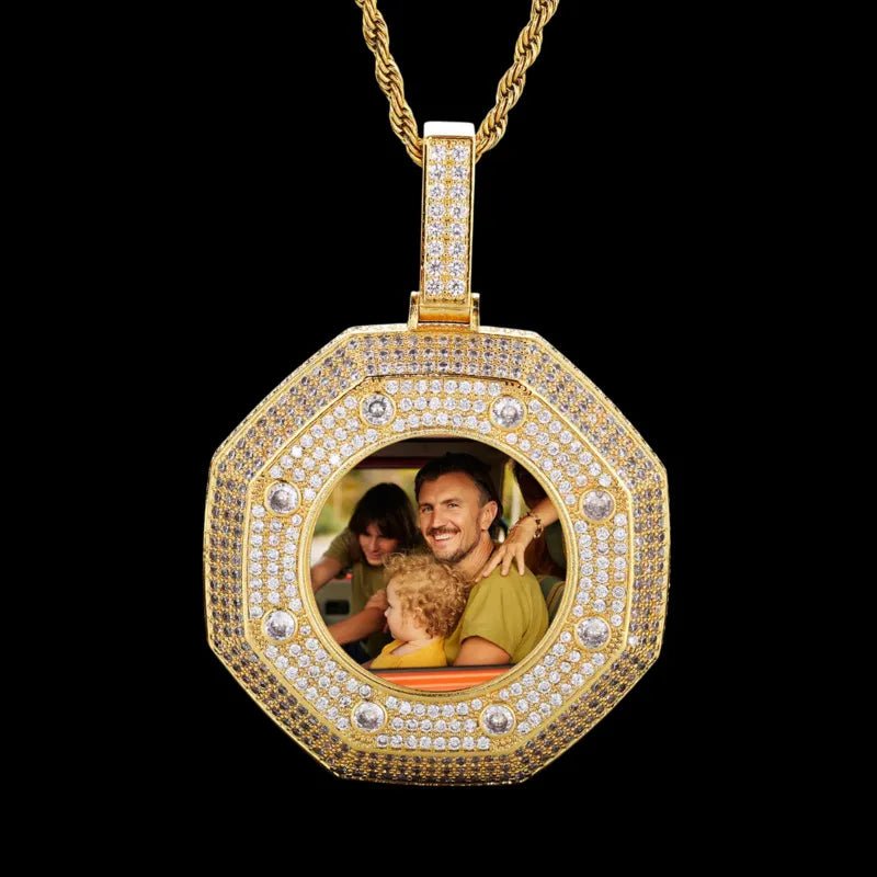 Large 14k White Gold Custom Photo Bagua Pendant - 55mm - TONGSHOP / Color:White Gold / Length:16 / Length:18