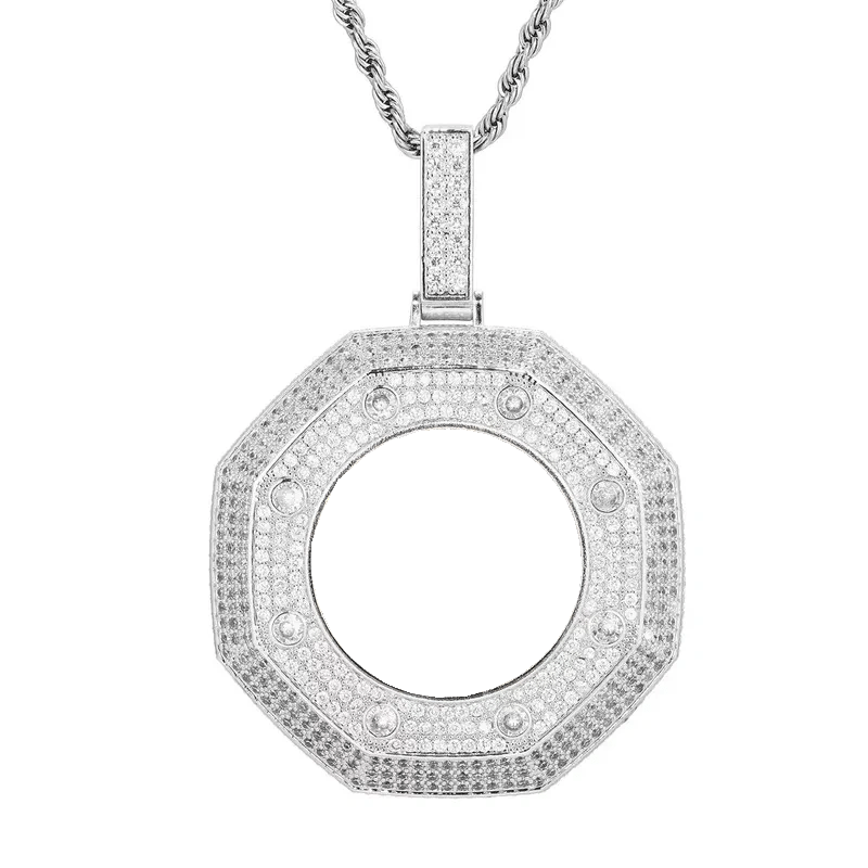 Large 14k White Gold Custom Photo Bagua Pendant - 55mm - TONGSHOP / Color:White Gold / Length:16 / Length:18