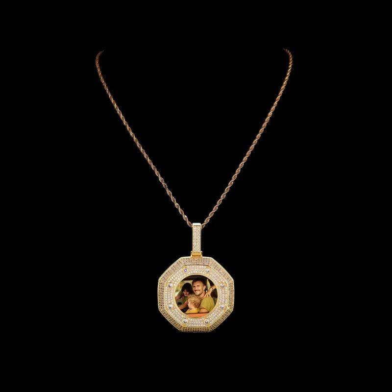 Large 14k White Gold Custom Photo Bagua Pendant - 55mm - TONGSHOP / Color:White Gold / Length:16 / Length:18