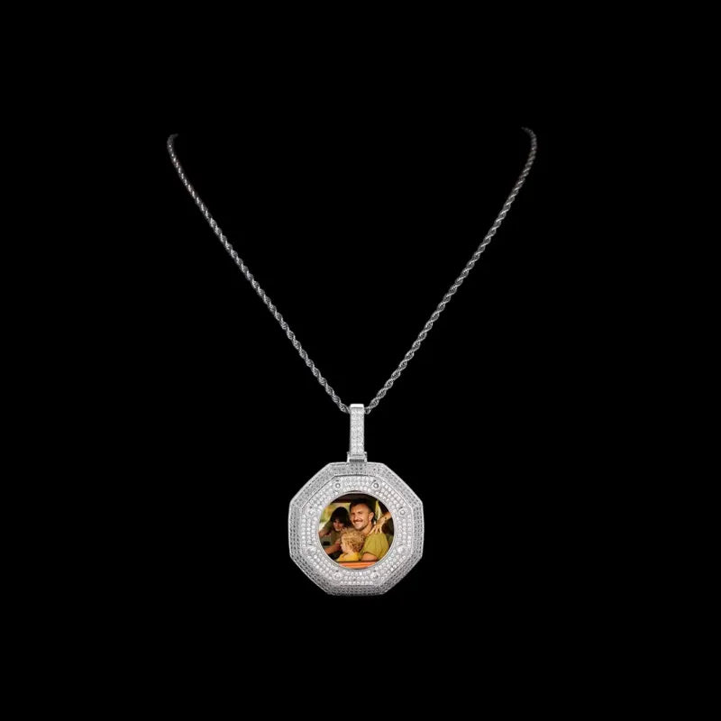 Large 14k White Gold Custom Photo Bagua Pendant - 55mm