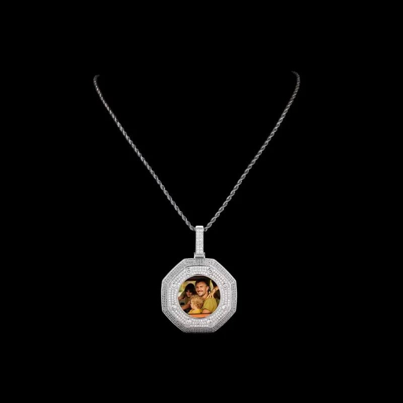 Large 14k White Gold Custom Photo Bagua Pendant - 55mm - TONGSHOP / Color:White Gold / Length:16 / Length:18