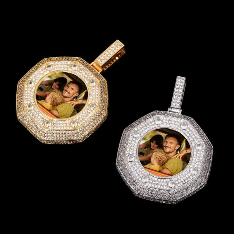 Large 14k White Gold Custom Photo Bagua Pendant - 55mm - TONGSHOP / Color:White Gold / Length:16 / Length:18