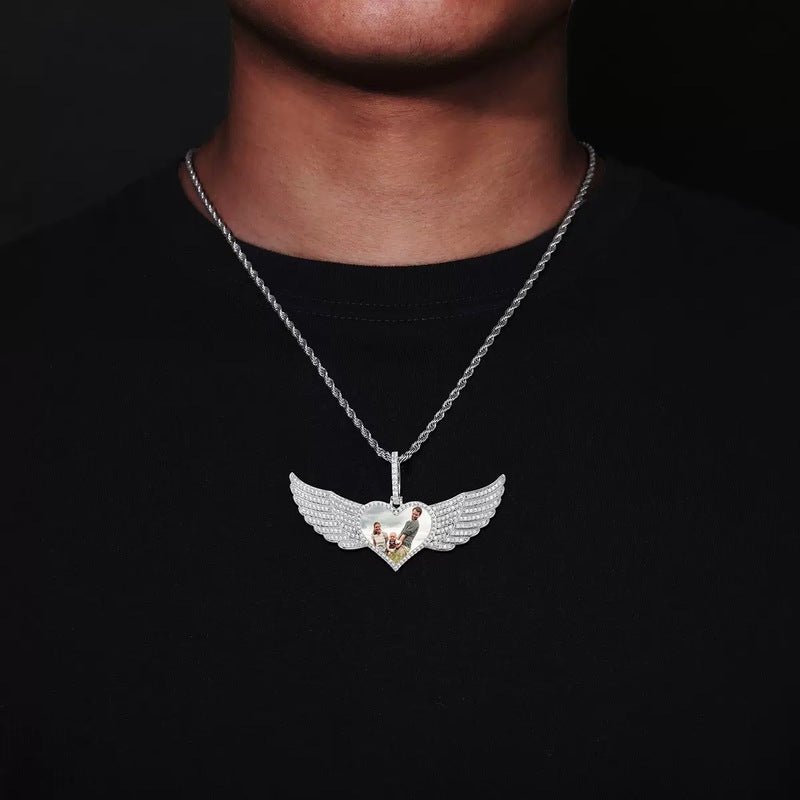 Iced Large Angel Wings Photo Custom Heart Pendant - 80mm - TONGSHOP / Color:White Gold / Length:16 / Length:18