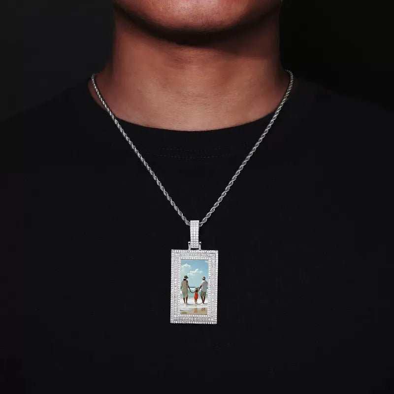 Memorial Custom Photo Rectangular Pendant - 43mm - TONGSHOP / Color:White Gold / Length:16 / Length:18