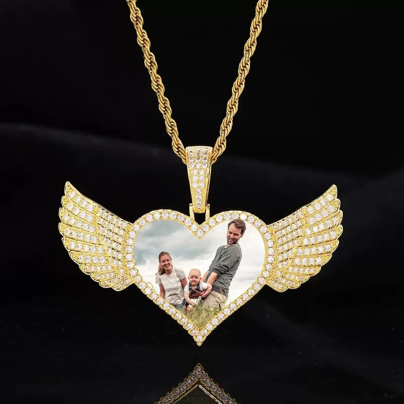 Micro-Inlaid Customized Photo Heart Wings Pendant in 14k Gold - 25mm