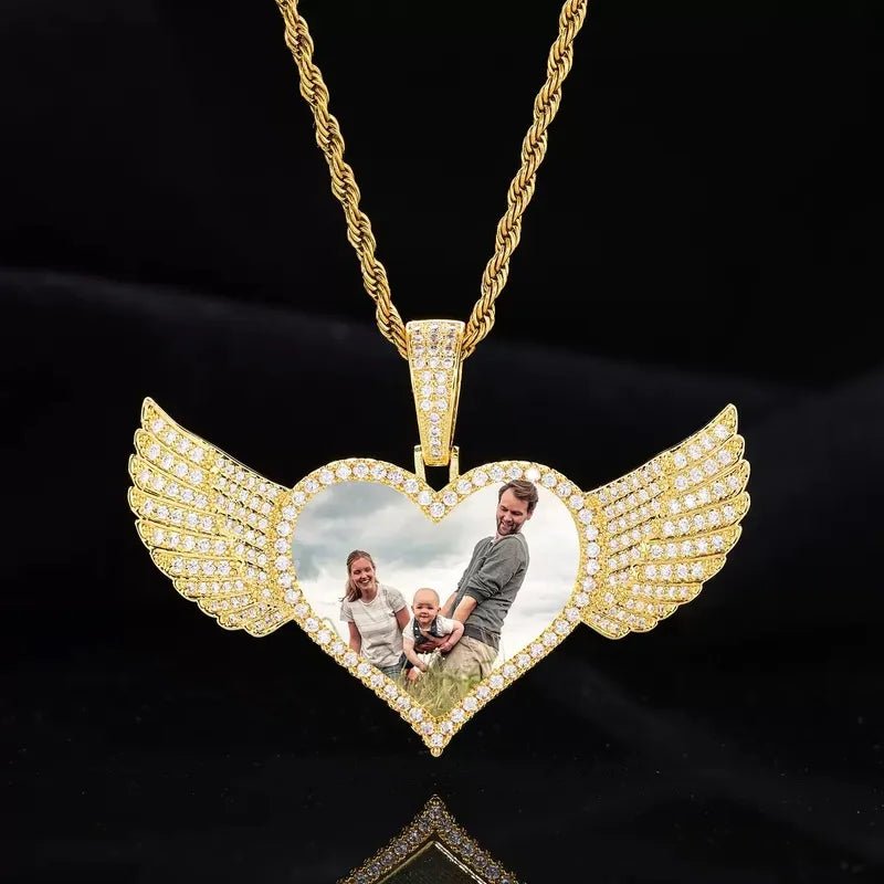 Micro - Inlaid Customized Photo Heart Wings Pendant in 14k Gold - 25mm - TONGSHOP / Color:White Gold / Length:16 / Length:18