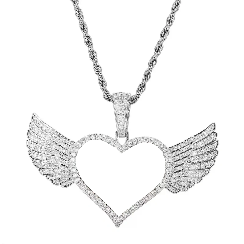 Micro-Inlaid Customized Photo Heart Wings Pendant in 14k Gold - 25mm
