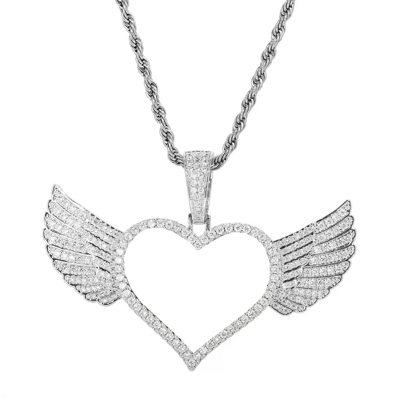 Micro - Inlaid Customized Photo Heart Wings Pendant in 14k Gold - 25mm - TONGSHOP / Color:White Gold / Length:16 / Length:18