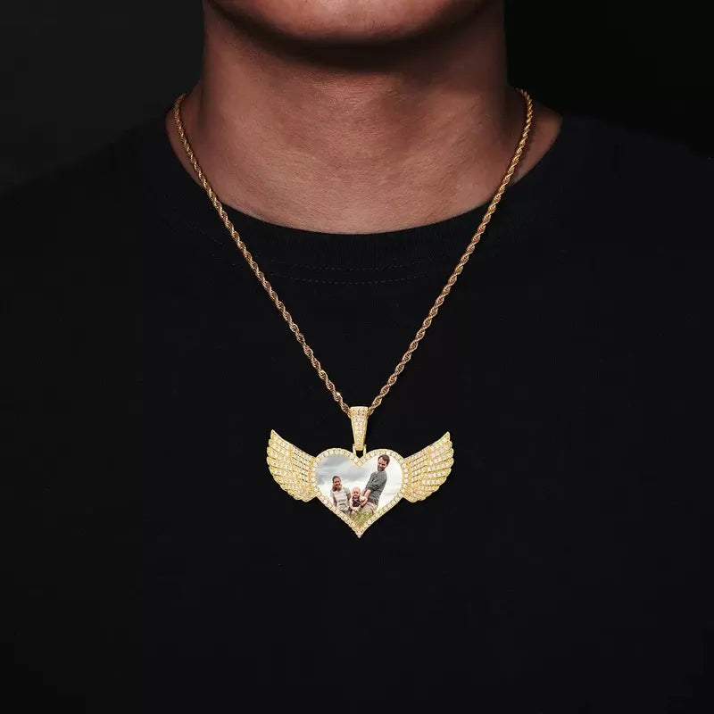 Micro-Inlaid Customized Photo Heart Wings Pendant in 14k Gold - 25mm