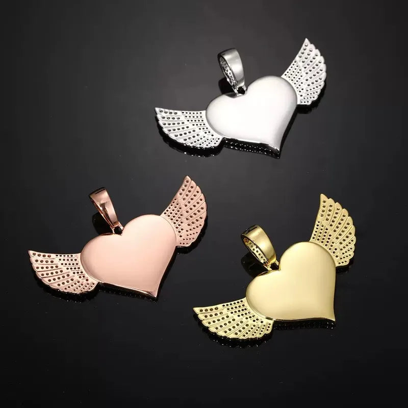 Micro-Inlaid Customized Photo Heart Wings Pendant in 14k Gold - 25mm