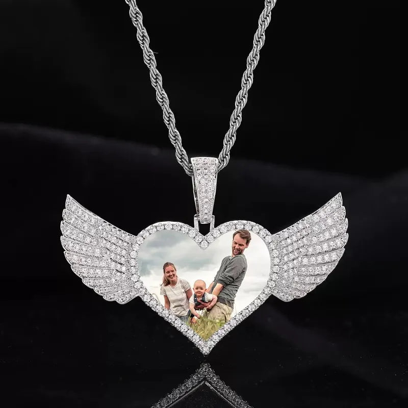 Micro-Inlaid Customized Photo Heart Wings Pendant in 14k Gold - 25mm