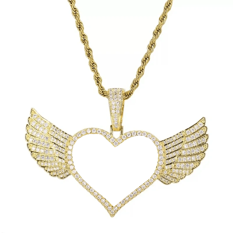 Micro - Inlaid Customized Photo Heart Wings Pendant in 18k Gold - 25mm - TONGSHOP / Color:White Gold / Length:16 / Length:18