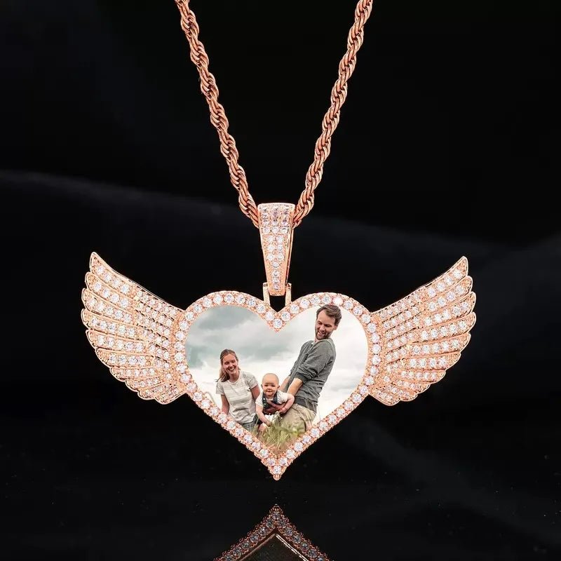 Micro - Inlaid Customized Photo Heart Wings Pendant in Rose Gold - 25mm - TONGSHOP / Color:White Gold / Length:16 / Length:18