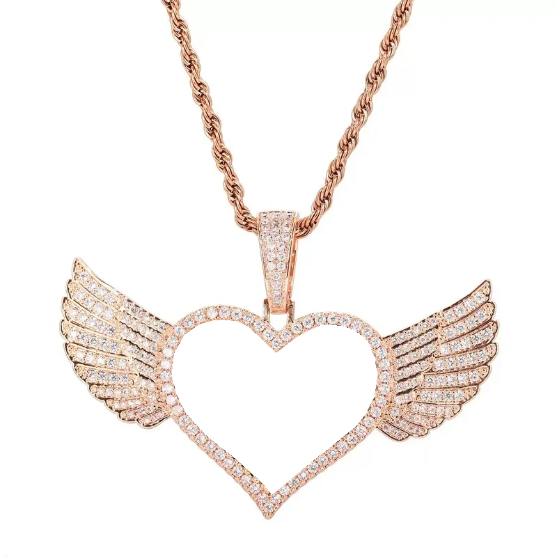 Micro-Inlaid Customized Photo Heart Wings Pendant in Rose Gold - 25mm
