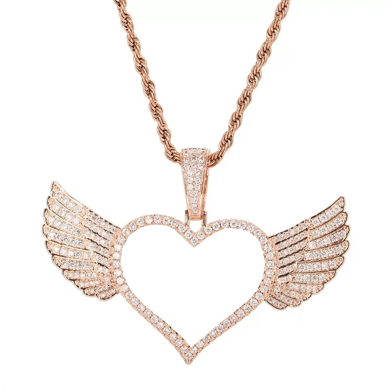 Micro - Inlaid Customized Photo Heart Wings Pendant in Rose Gold - 25mm - TONGSHOP / Color:White Gold / Length:16 / Length:18
