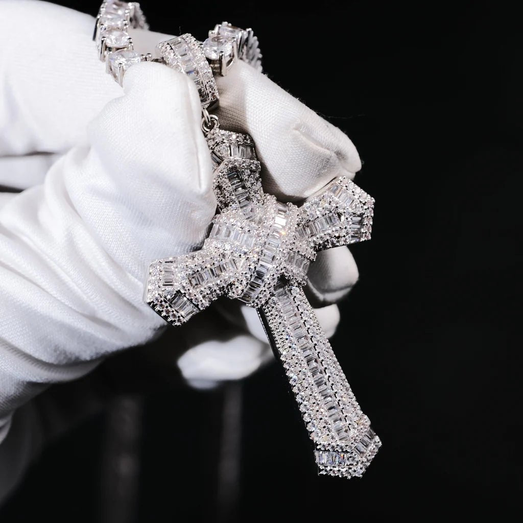 Iced Baguette Jesus Cross Necklace In White Gold - TONGSHOP / Length:16 / Length:18