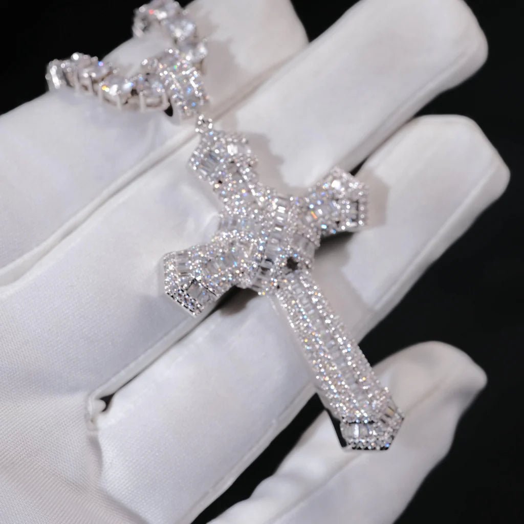 Iced Baguette Jesus Cross Necklace In White Gold - TONGSHOP / Length:16 / Length:18