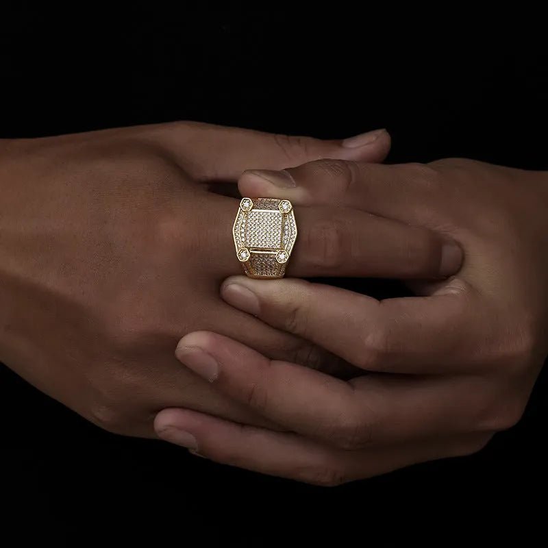 18K Gold Plated Men's Square Ring with Zirconia - TONGSHOP / /