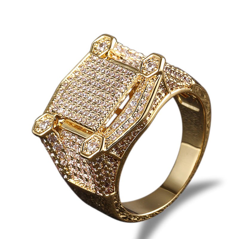 18K Gold Plated Men's Square Ring with Zirconia - TONGSHOP / /