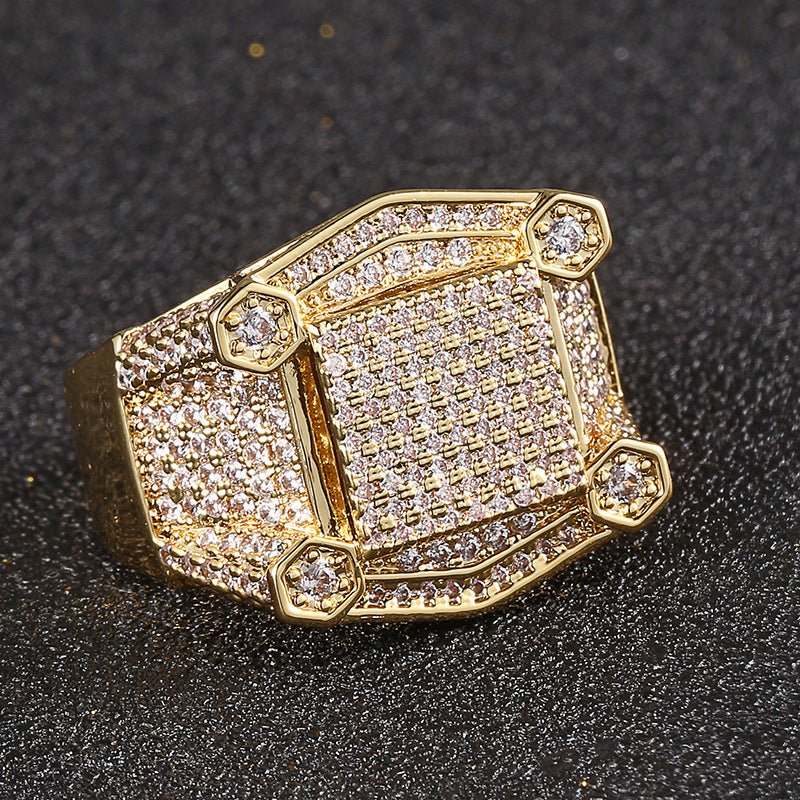 18K Gold Plated Men's Square Ring with Zirconia - TONGSHOP / /