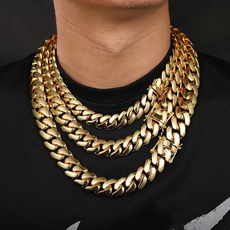 Big Cuban Chain Copper Plated Real Gold Butterfly Clasp Necklace 10/12/14/16/18/20/22mm