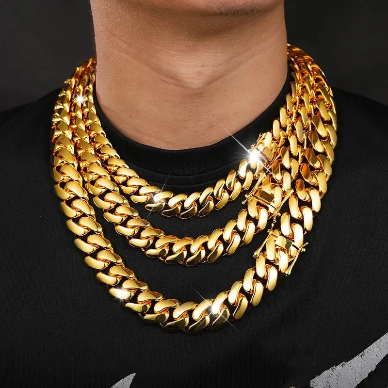 18K Gold - Plated Cuban Chain Copper Gold - Plated Butterfly Clasp Necklace 10/12/14/16/18/20/22MM - TONGSHOP / /