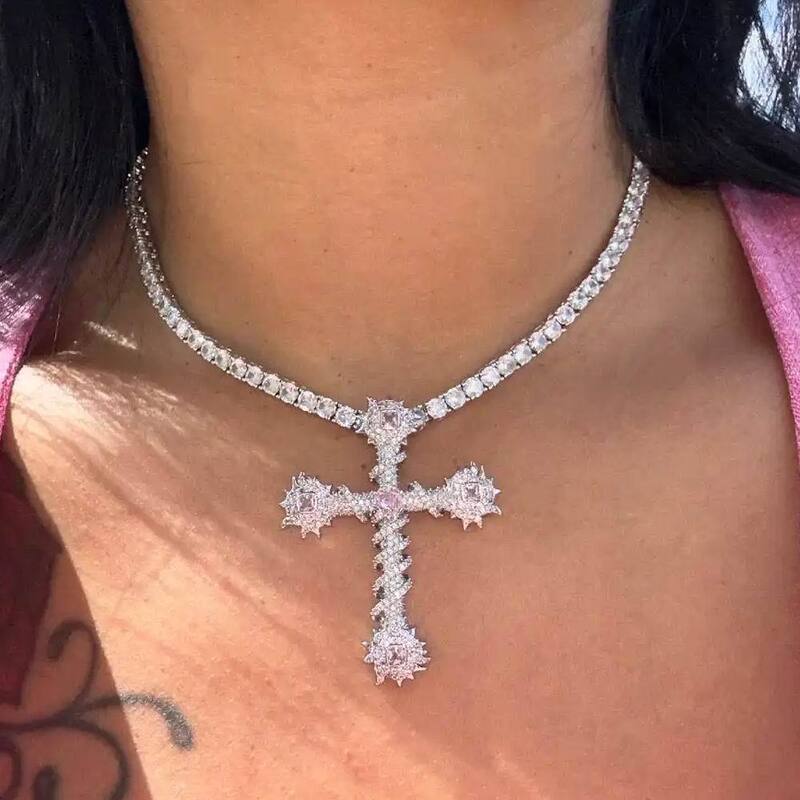 Pink Heart Cross Pendant - TONGSHOP / Color:Yellow Gold / filter - type - pendant