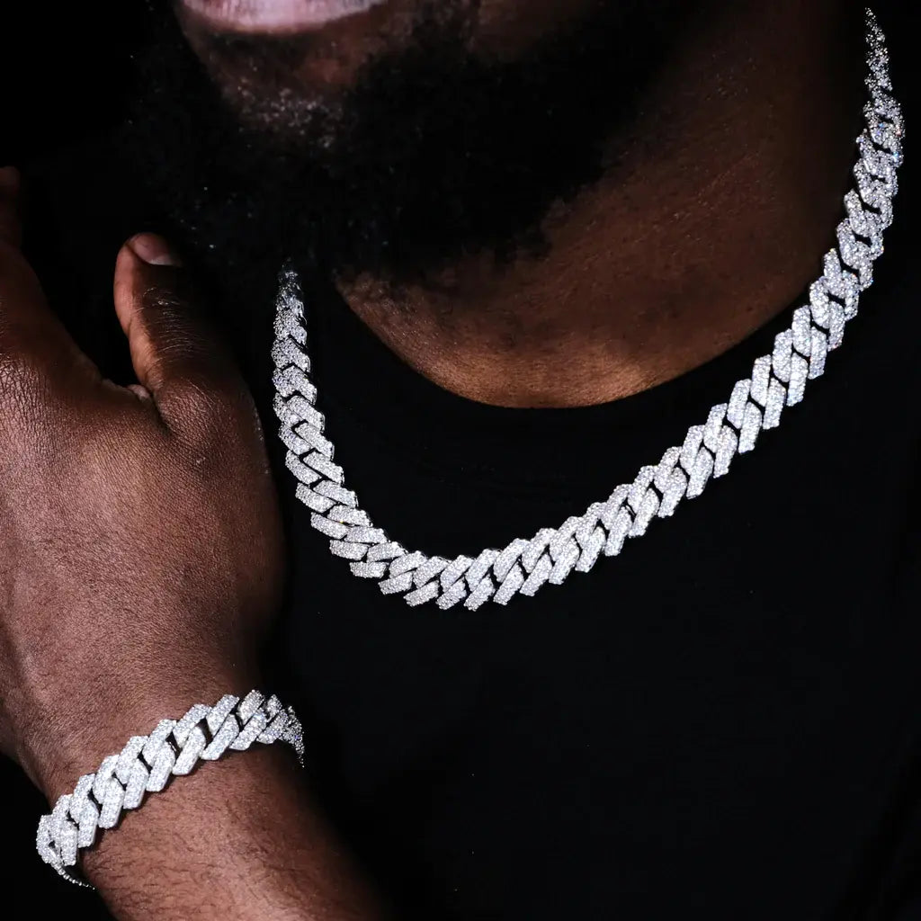 Prong Cuban Link Chain & Bracelet Bundle in White Gold - 14mm