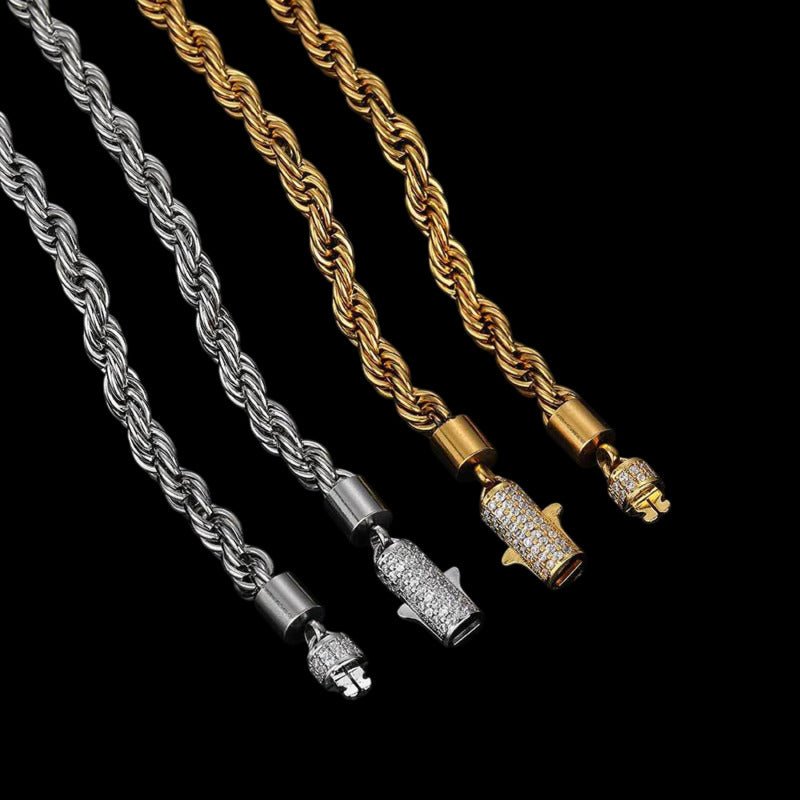 Rope Chain Iced Clasp in White Gold - 6mm - TONGSHOP / Length:16 / Length:18