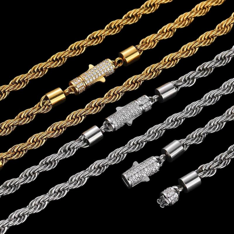 Rope Chain Iced Clasp in White Gold - 6mm - TONGSHOP / Length:16 / Length:18