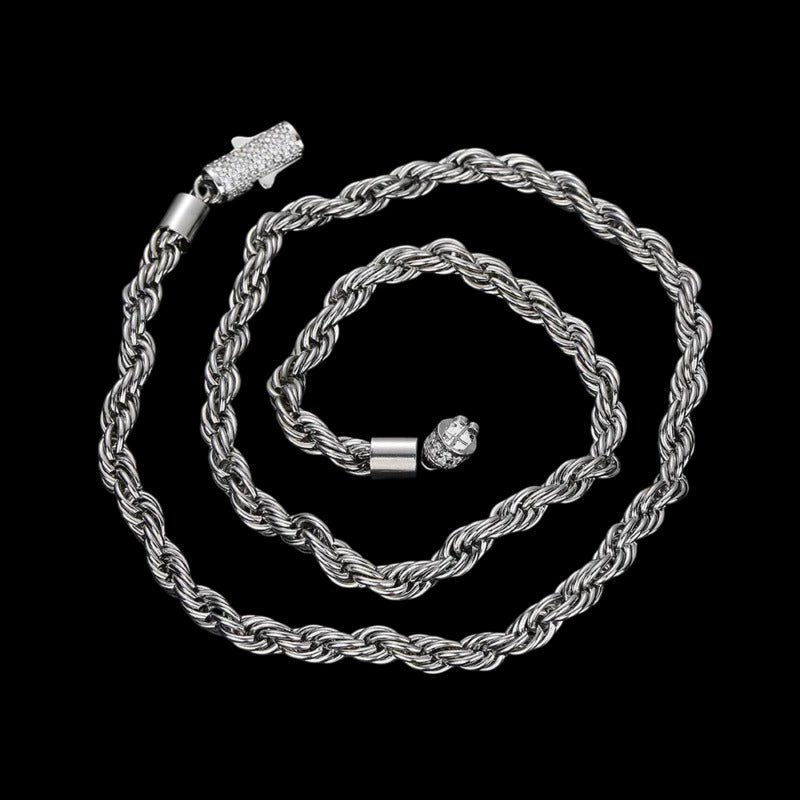 Rope Chain Iced Clasp in White Gold - 6mm - TONGSHOP / Length:16 / Length:18