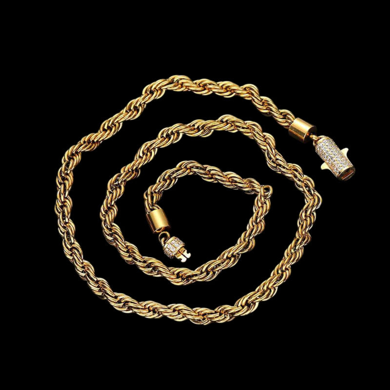 Rope Chain Iced Clasp in Yellow Gold- 6mm
